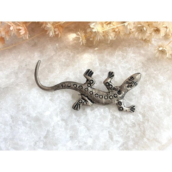 Lizard Figural Textured Large Peruvian Made Sterling Silver Vintage Brooch - Picture 2 of 9